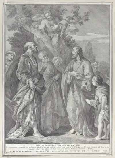Conversion of Zacchaeus, with Christ at right addressing the tax collector, who is seated in a tree at top center