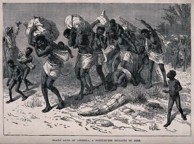 Convoys of female slaves, with children, in Angola, chained together and carrying heavy bundles