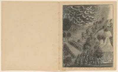 Coolen leidt het gebed tijdens de uitbarsting van de Kelud, ca. 1820-1850