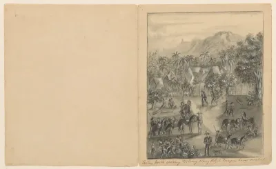 Coolen opent de voorraadschuur met rijst om de kleine man te helpen, ca. 1820-1850