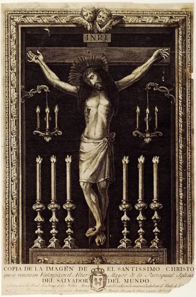 Copia de la imagen de el Santissimo Christo que se venera en Valencia, en el Altar Mayor de la Parroquial del Salvador del Mundo ... [Material gráfico]