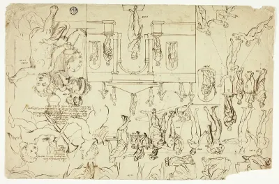 Copies after Illustrations of Statues and Paintings (recto); Measurements for a Man's Skeleton (verso)