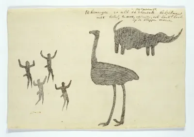 Copies after San rock-paintings of an ostrich, a rhinoceros, and four figures