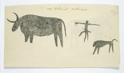 Copies after San rock-paintings of an ox, a baboon, and a man