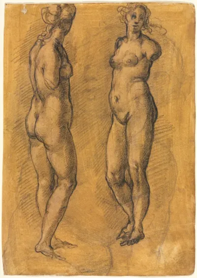 Copy of an Antique Statue of a Standing Woman (two views), over a Sketch of a Putto