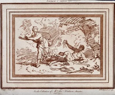Corisca and the satyr: he pulls at Corisca's hair, trying to rape her, but he has seized a hair extension, enabling her to push him over and run away to safety