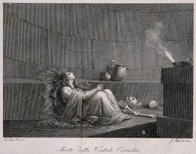 Cornelia, the Vestal Virgin, entombed alive surrounded by bones in the dungeon