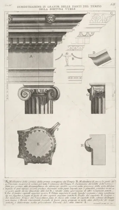 Cornice and column from the Temple of Fortuna Virilis (Tempio della Fortuna Virile), from "Le Antichità Romane"