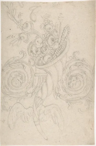 Cornucopia Held Aloft by Angels, Ornament with Cross and Rosary