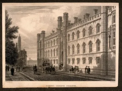 Corpus Christi college and the street life outside, Cambridge