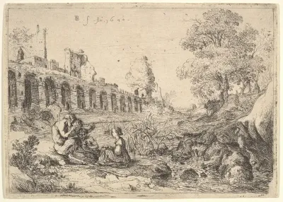 Corsica seated before satyrs on the bank of a river, from a pair of plates for Battista Guarini's "Il Pastor fido"