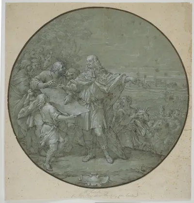 Cosimo III befæster Livornos havn. Tegnet forlæg til sølvplade, en af de såkaldte "piatti di S. Giovanni"