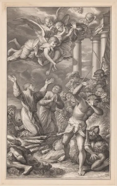 Cosmas en Damianus op de brandstapel, omgeven door soldaten en engelen