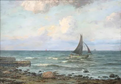 Costal scene with fishing boats.