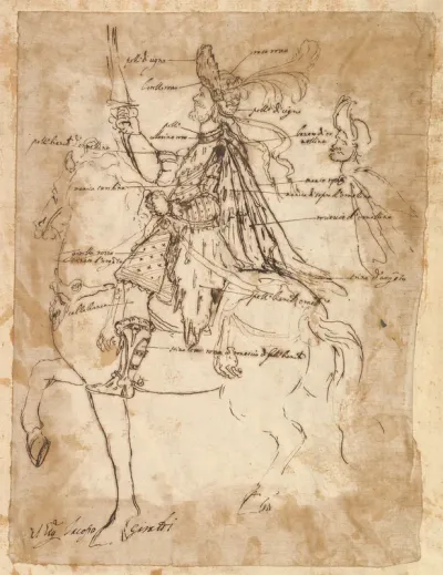 Costume design for Jacopo Giraldi, depicted on horse back