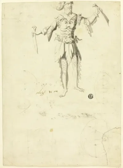 Costumed Man Carrying Two Swords