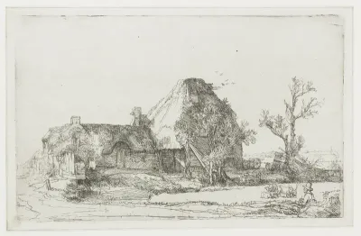 Cottage and Farm Buildings with a Man Sketching