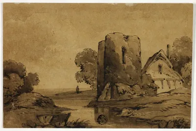 Cottage and Ruined Tower near Stream