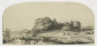 Cottages and a hay barn on the Diemerdijk with a flock of sheep