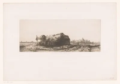 Cottages and a hay barn on the Diemerdijk with a flock of sheep