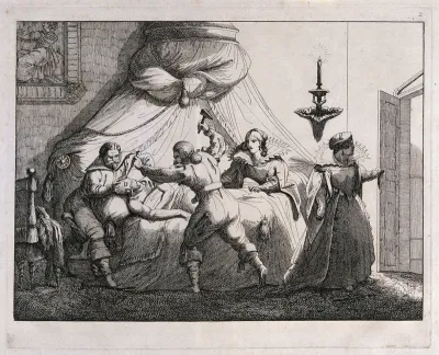 Count Cenci, drugged in his bedroom, is being murdered by Olimpio Calvetti and Marzio da Fiorani; Beatrice is watching the scene while her stepmother is guarding the door