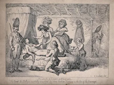 Count de Peltzer lying mortally wounded on his bed attended by his fiancée Mlle de Benskow, her mother and her brother, and a boy bringing soup for the dying man