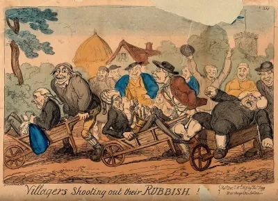 Country folk pushing a lawyer, a physician and a gouty vicar in wheelbarrows out of their village