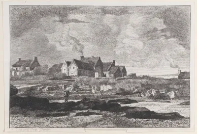 Country landscape with a river running at right and houses in the background