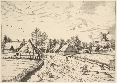 Country Village with Post Mill from Multifariarum casularum ruriumque lineamenta curiose ad vivum expressa