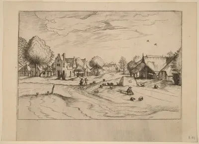 Country Village with Sheep and Sitting Shepherd