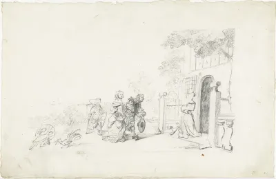 Couple Greeting a Lady at the Door of a Country House