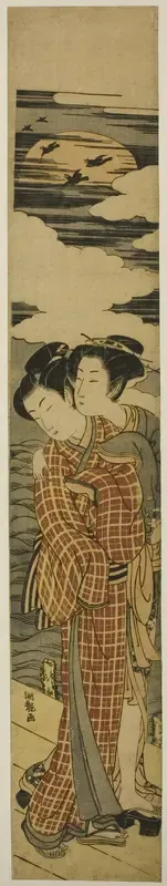 Couple Standing on a Pier Embracing on a Moonlit Night