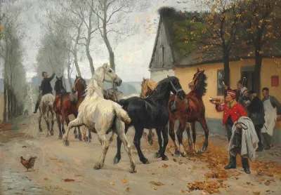 Coupled horses outside Lindenborg Inn.