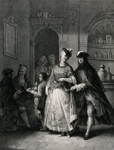 Couples entertain one another and refreshments are served by a boy