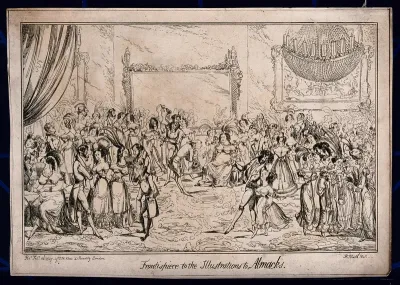 Couples stand and sit around a dance floor, some women have fans and some are being asked to dance