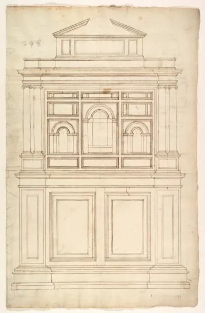 Court Cupboard (recto); Half-page of rectangles, numbered and lettered (verso)