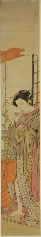 Courtesan Admiring Morning Glories while Cleaning Her Teeth