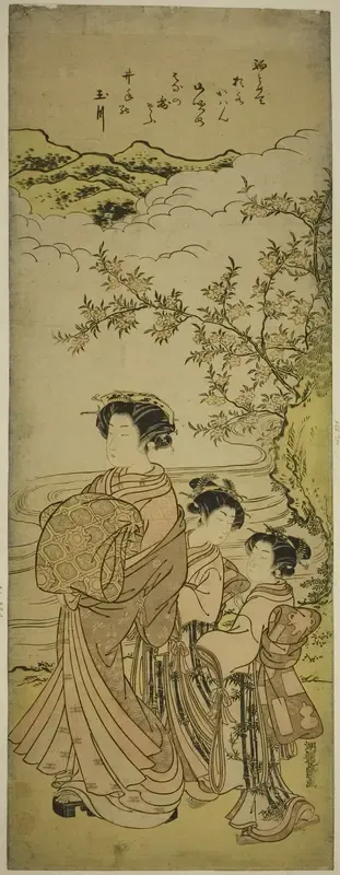 Courtesan and Two Attendants Parading by a Stream