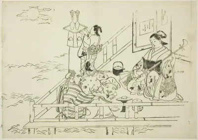 Courtesan entertaining Daikoku and Fukurokuju, no. 10 from a series of 12 prints