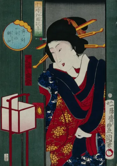 Courtesan Mori Murasaki of the brothel Kimpei Daikoku in the New Yoshiwara (licensed quarters), slides open a screen and looks at her child attendant