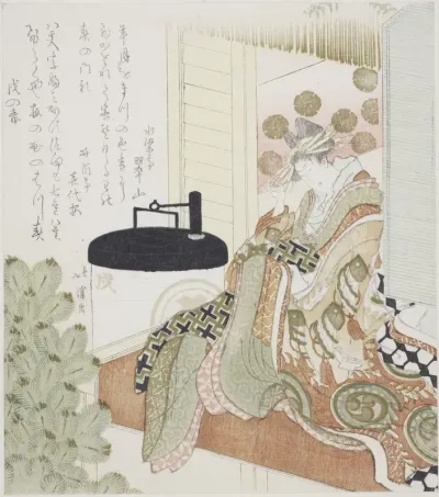 Courtesan sitting on a veranda next to a lantern