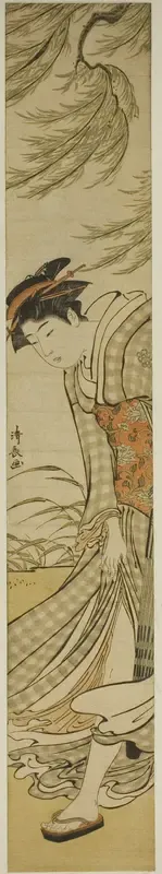 Courtesan Walking Under a Willow Tree on a Breezy Day