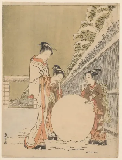 Courtesan watching her maids roll a snowball