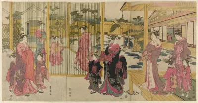Courtesans of the Chojiya and their attendants playing kemari