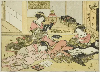 Courtesans of the Chojiya, from the book "Mirror of Beautiful Women of the Pleasure Quarters (Seiro bijin awase sugata kagami)," vol. 1