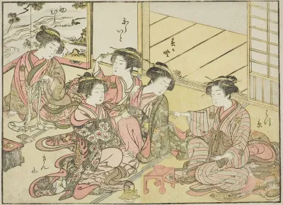 Courtesans of the Gakuiseya, from the book "Mirror of Beautiful Women of the Pleasure Quarters (Seiro bijin awase sugata kagami)," vol. 1