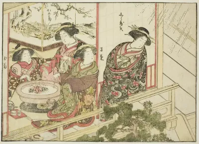 Courtesans of the Kiribishiya, from the book "Mirror of Beautiful Women of the Pleasure Quarters (Seiro bijin awase sugata kagami)," vol. 2
