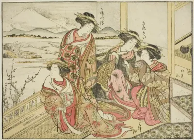 Courtesans of the Obishiya, from the book "Mirror of Beautiful Women of the Pleasure Quarters (Seiro bijin awase sugata kagami)," vol. 2