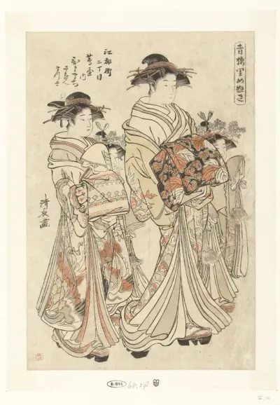 Courtisane Hitomachi uit het Tsutaya huis met haar kamuro Sanae en  Matsuyo