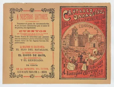 Cover for 'Cantares Oaxaqueños: Nueva Coleccion de Canciones Modernas para 1898', couples walking arm in arm on the outskirts of a town